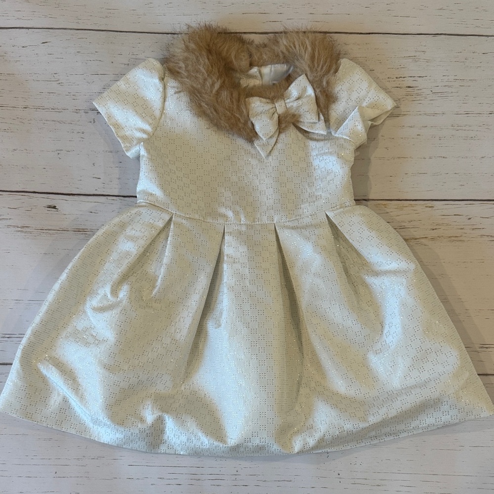 Janie and Jack Elegant Cream Dress with Faux Fur Collar